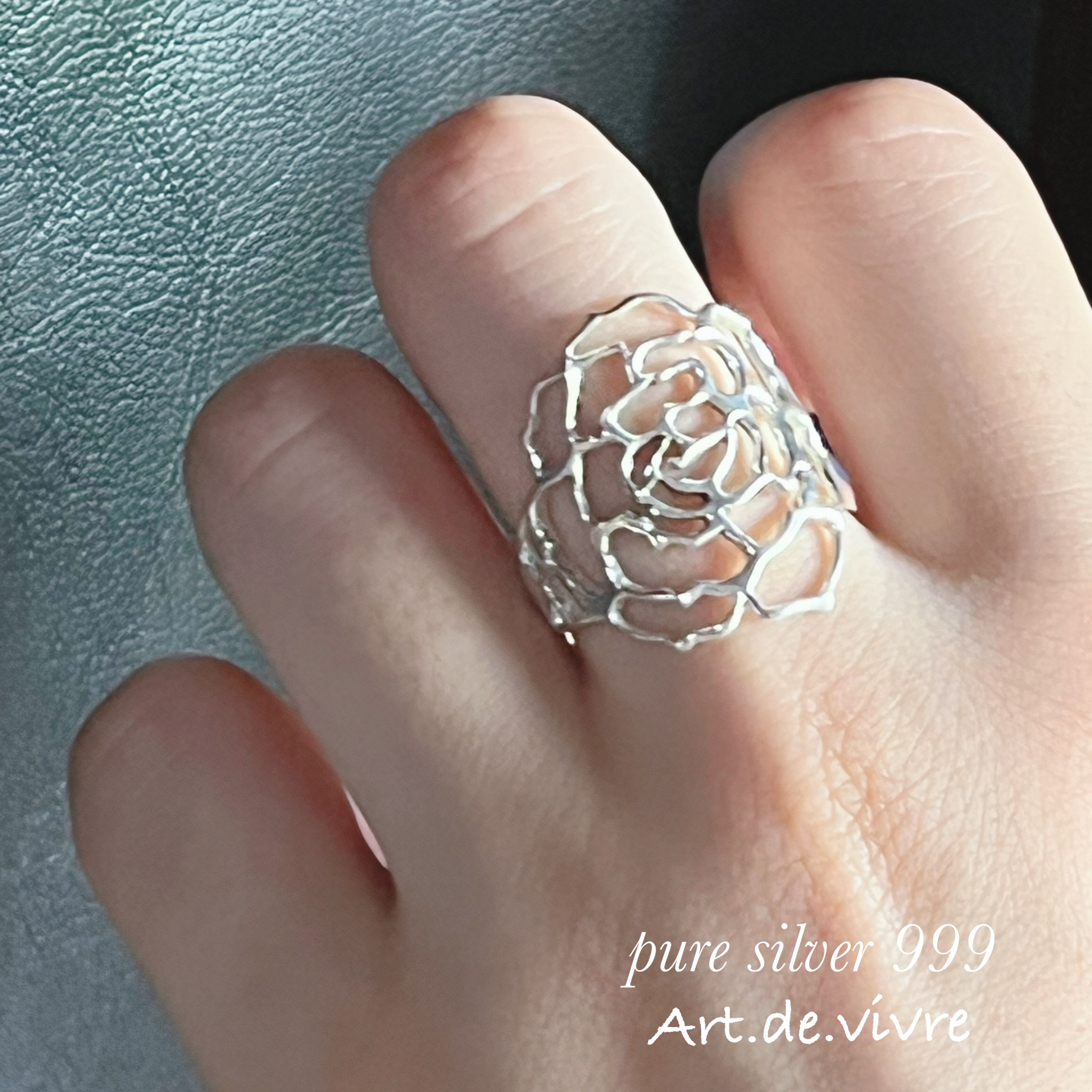 「純銀」大輪の薔薇シルバーリング「純銀の彫金リング」ピュアシルバーSV９９９