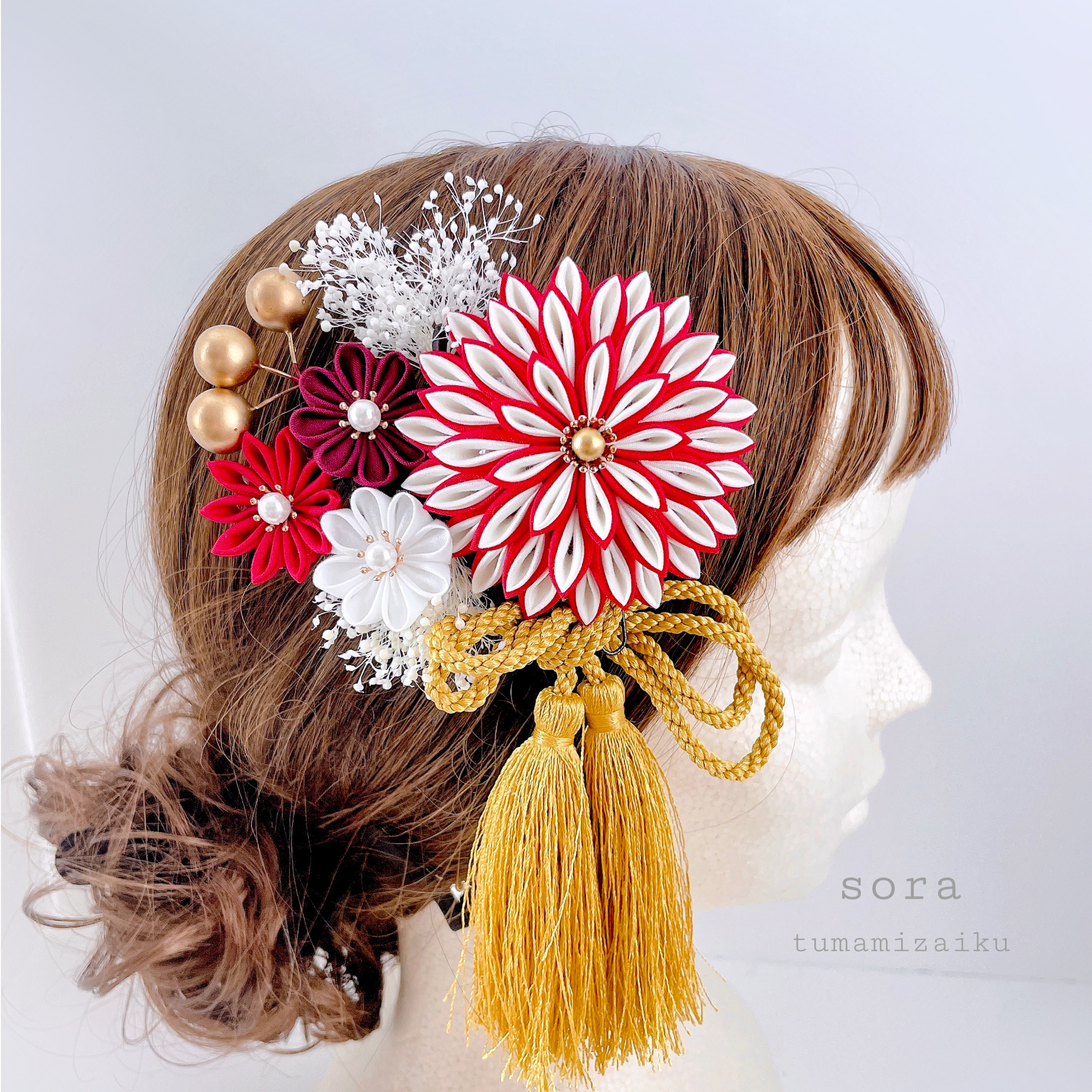 つまみ細工　髪飾り　＊赤ダリア＊　成人式　七五三　結婚式　卒業式　和装　ヘッドドレス