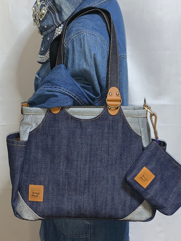 【岡山デニム】外付けポーチ付きトート【ハンドメイド】 ☆ハンドメイド♪ ＊岡山デニム4way♪あおりバッグ ＊便利小物