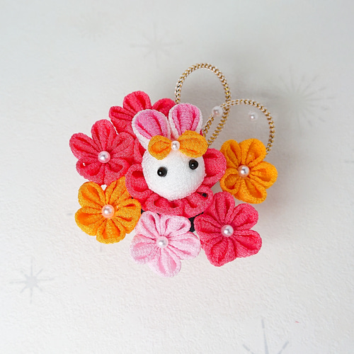 ❥受注発注❥うさぎちゃんも一緒！オレンジ つまみ細工髪飾り2点セット