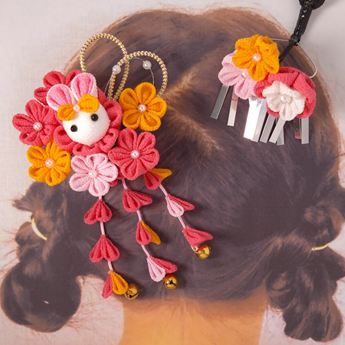 ❥受注発注❥うさぎちゃんも一緒！オレンジ つまみ細工髪飾り2点セット