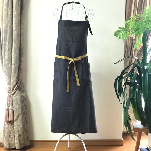 バイカラー タオル掛け付き 麻100％ カフェエプロン エプロン aki's