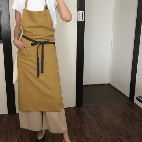 バイカラー タオル掛け付き 麻100％ カフェエプロン エプロン aki's