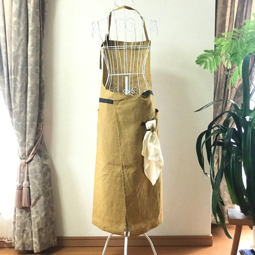 バイカラー タオル掛け付き 麻100％ カフェエプロン エプロン aki's