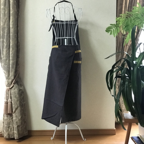 バイカラー タオル掛け付き 麻100％ カフェエプロン エプロン aki's