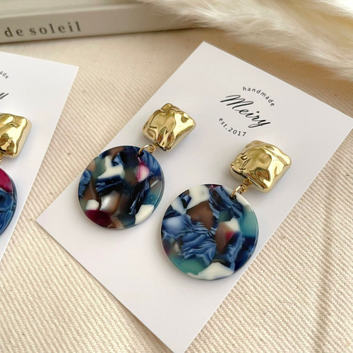 再販*ハンドメイド* ゴールドクリア マーブルスクエア クリップ イヤリング