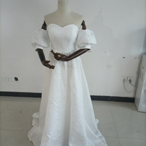 パーティードレス 取り外し袖 プリント模様 ベアトップ ミニトレーン  