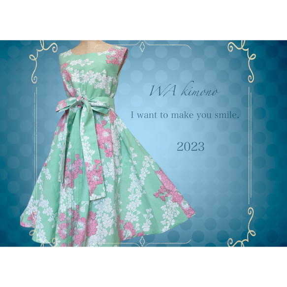 花柄カワイイ ” 浴衣ワンピース ” 膝丈 着物リメイク ワンピース ゆかた 衣装 和柄 ミントグリー 1枚目の画像