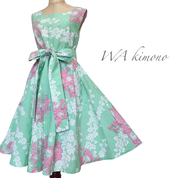 花柄カワイイ ” 浴衣ワンピース ” 膝丈 着物リメイク ワンピース ゆかた 衣装 和柄 ミントグリー 5枚目の画像