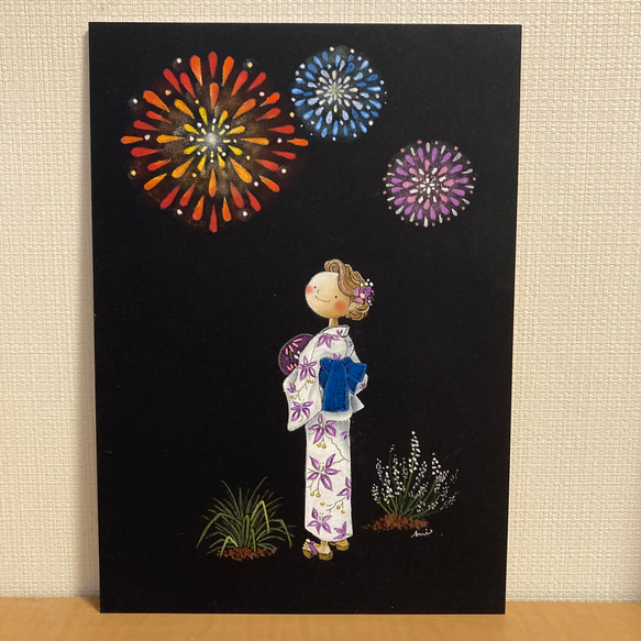 【チョークアート 原画】「打ち上げ花火」額無し　A4サイズ 1枚目の画像