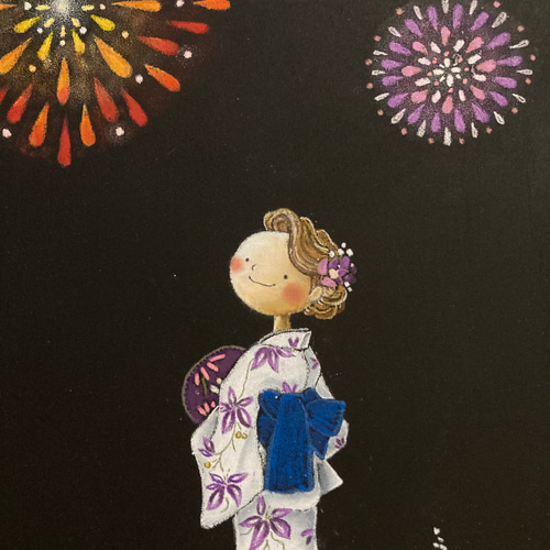 花火と、宇宙「オリジナルイラスト絵画」A4サイズ 花火と、宇宙