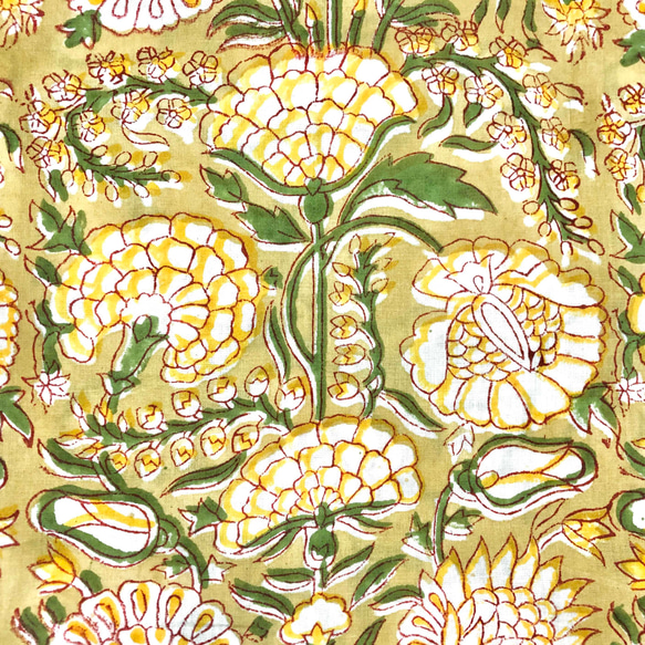 【50cm單位】沙黃白花印度手工版畫布料棉質 第2張的照片