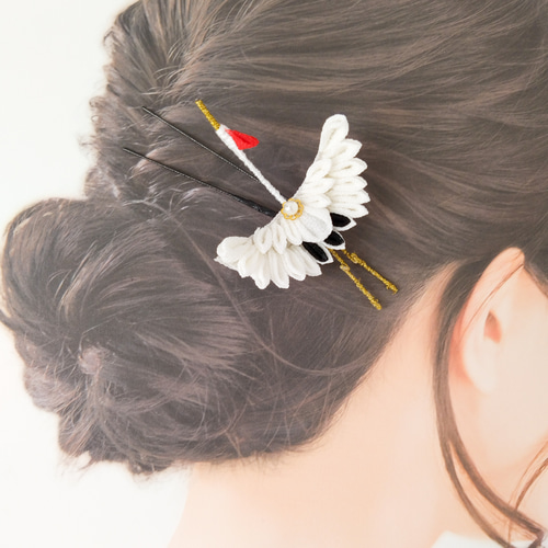 Tsuru】 つまみ細工髪飾り 鶴 和装 着物 振袖 袴 色打掛 成人式