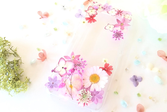 【全機種対応】ピンク系☆押し花フレームの推し活スマホケース 3枚目の画像