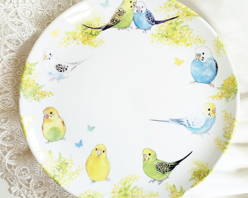 セキセイインコの大皿（プレート・オリジナル・鳥・ミモザ・バラ