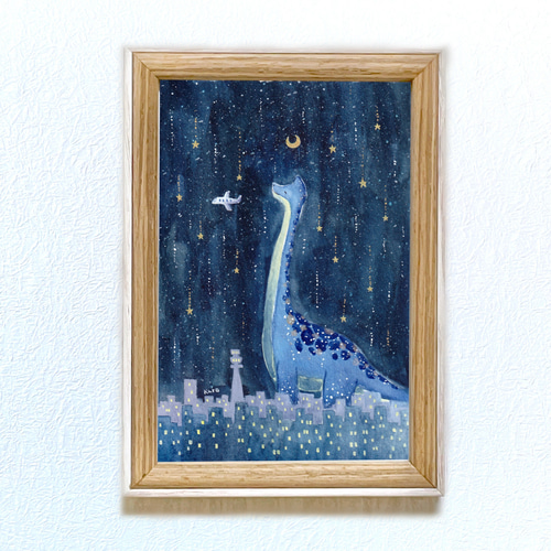 「おしゃれなブラキオサウルス」２点セット　油絵具　ミニ絵画　原画　手描き　恐竜 おしゃれなブラキオサウルス」2点セット 油絵具 ミニ絵画 原画
