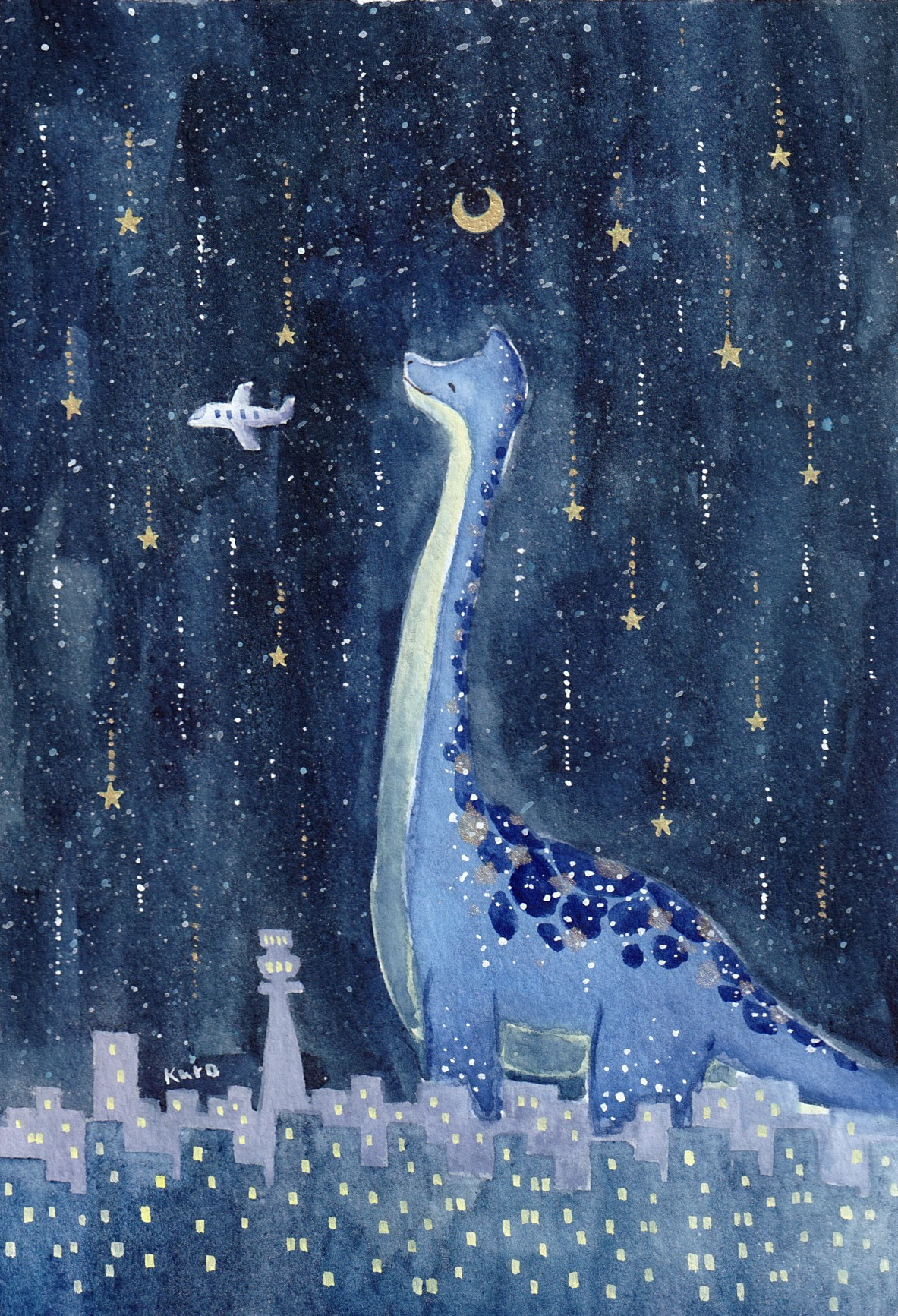 「おしゃれなブラキオサウルス」２点セット　油絵具　ミニ絵画　原画　手描き　恐竜 おしゃれなブラキオサウルス」2点セット 油絵具 ミニ絵画 原画