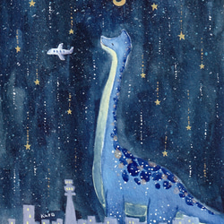 「おしゃれなブラキオサウルス」２点セット　油絵具　ミニ絵画　原画　手描き　恐竜 おしゃれなブラキオサウルス」2点セット 油絵具 ミニ絵画 原画