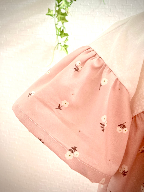 ベビーちゃんセットアップギャザー五分袖ブラウス&チューリップ帽子白い小花くすみピンク系 8枚目の画像