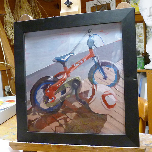 ミニ自転車」油彩 額付き 油絵 原画 キャンバス 額装 ましかく ミニ自転車」油彩 額付き 油絵 原画 キャンバス 額装 ましかく