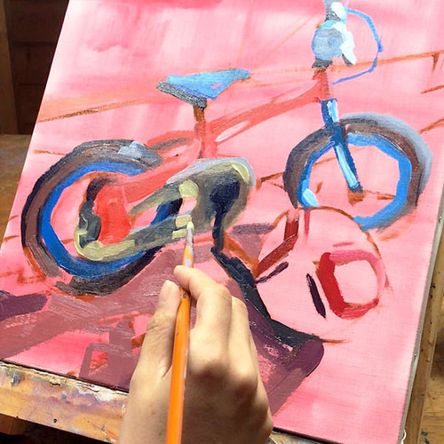 ミニ自転車」油彩 額付き 油絵 原画 キャンバス 額装 ましかく ミニ自転車」油彩 額付き 油絵 原画 キャンバス 額装 ましかく
