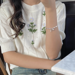 韓版少女心砕銀真珠腕輪S925純銀愛心手飾 1枚目の画像