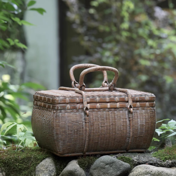 杏子】民芸職人手作り 自然竹の編み上げ 茶籠 茶道具収納 古風 便攜