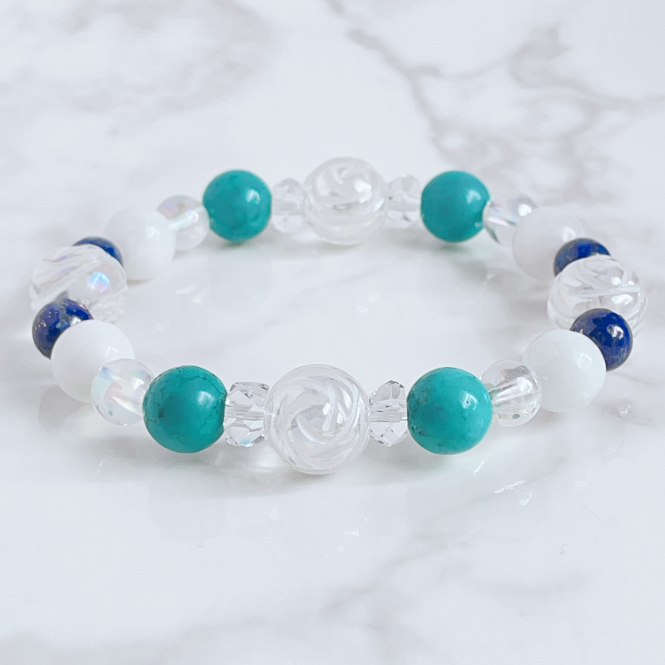 ✦理想の自分へなれるよう導く 薔薇 水晶オーラ・ターコイズ・翡翠 ストーン ブレスレット No626