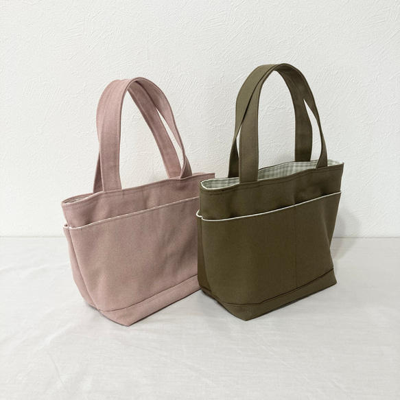 安芸帆布トートバッグ ピンク オリーブ 4つポケット ギンガムチェック