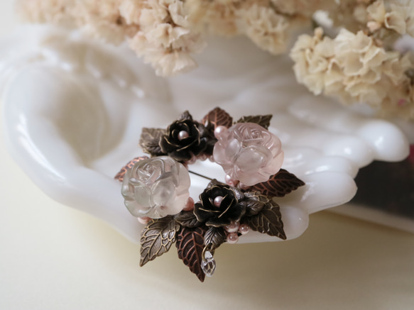 玫瑰琥珀糖*胸針玫瑰玫瑰糖果主題糖果奧地利水晶珍珠粉紅古董黃金古董銅 第5張的照片