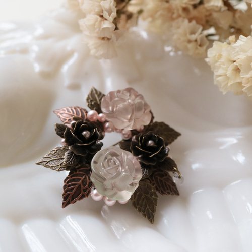 琥珀 アンバー シルバー 925 薔薇 バラ ローズ ブローチ