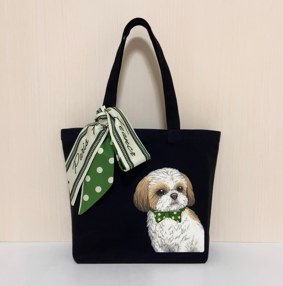 オリジナル シーズー トートバッグ 手描き  オリジナルイラスト 鞄 ツイリー スカーフ 付 犬 黒 グリーン 1枚目の画像