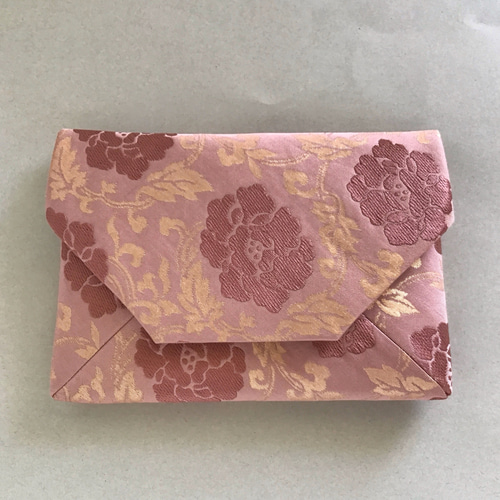着物帯 結婚式バッグ 数寄屋袋 リサイクル正絹袋帯 牡丹唐草 リメイク