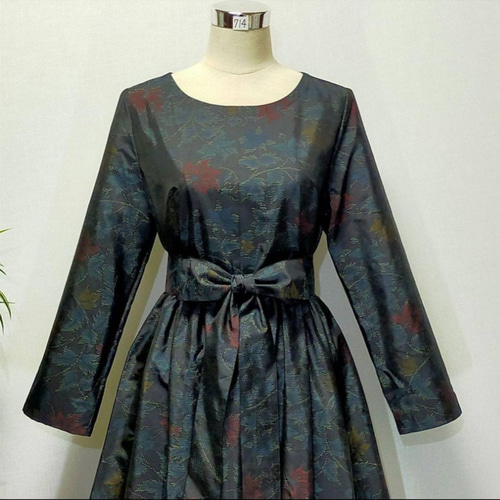 アンティーク大島紬 着物リメイク 花柄ワンピース 2WAY ギャザー