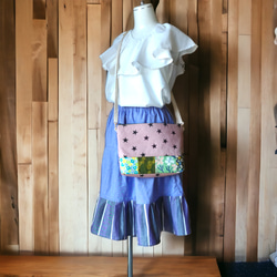 パープルブルー　裾のストライプがアクセント　ティアードスカート 6枚目の画像