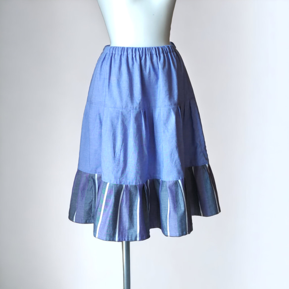 パープルブルー　裾のストライプがアクセント　ティアードスカート 1枚目の画像