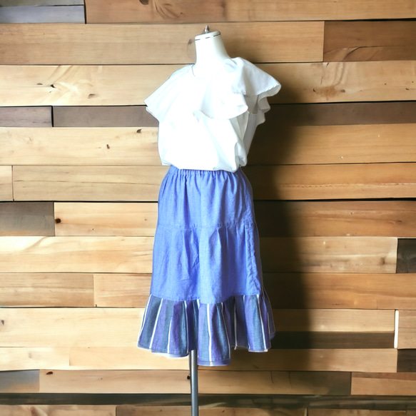 パープルブルー　裾のストライプがアクセント　ティアードスカート 3枚目の画像