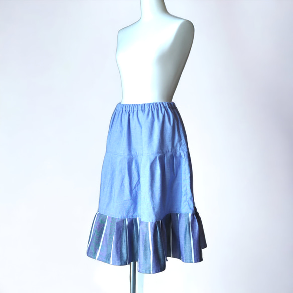 パープルブルー　裾のストライプがアクセント　ティアードスカート 2枚目の画像