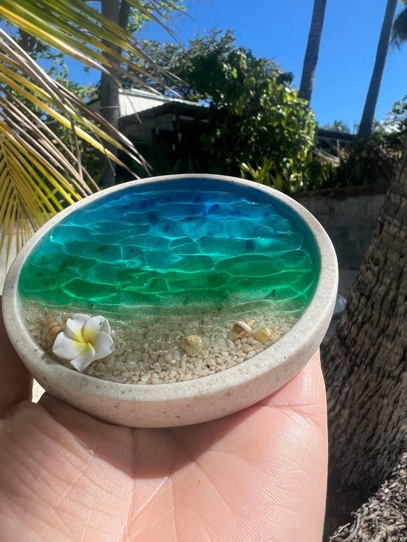 オーダー品 丸型海の小皿 海辺 ビーチ プルメリア付き 波紋