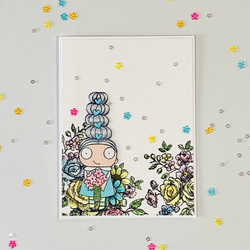 【多用途】お団子ヘアの女の子とお花畑　二つ折りメッセージカード 7枚目の画像