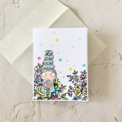 【多用途】お団子ヘアの女の子とお花畑　二つ折りメッセージカード 2枚目の画像