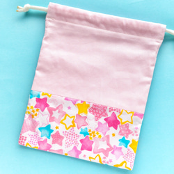 30×25       お着替え袋  巾着　水彩絵の具で描いたような星柄　ピンク 3枚目の画像