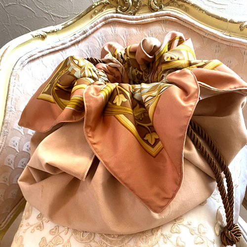 vintage scarf draw string balloon bag スカーフリメイク 巾着バッグ 