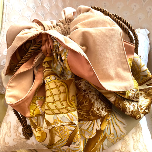 vintage scarf draw string balloon bag スカーフリメイク 巾着バッグ 