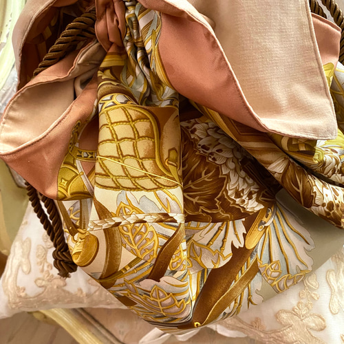vintage scarf draw string balloon bag スカーフリメイク 巾着バッグ 