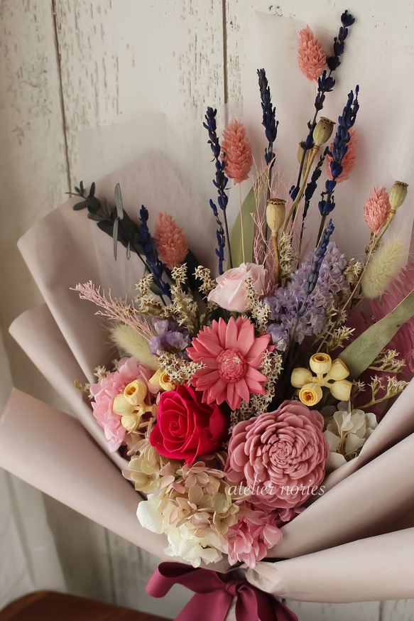 再販2 エレーヌ　プリザーブドフラワーとドライフラワーの花束（L)サイズ　韓国風ラッピングで華やかに。贈り物に 6枚目の画像