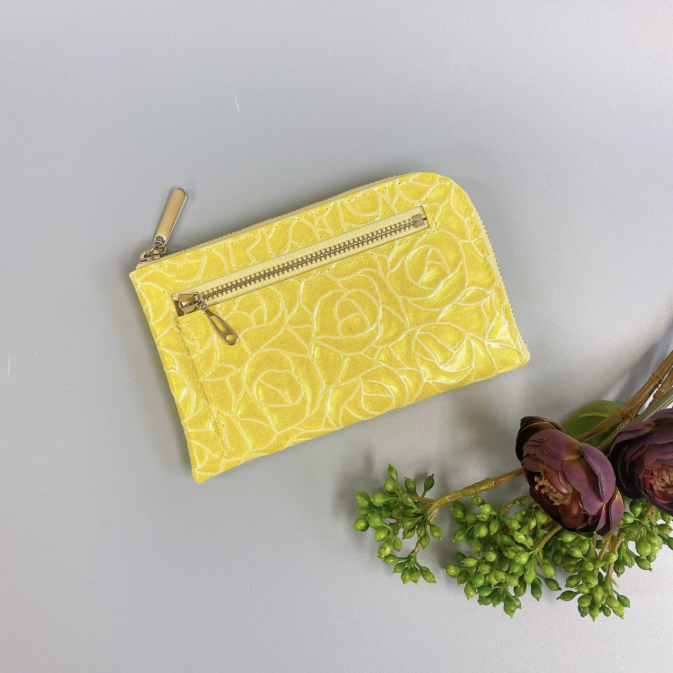 薄くて軽いコンパクトな財布 10枚カードポケット  エナメルローズ ／ レモンイエロー【スクイーズ】