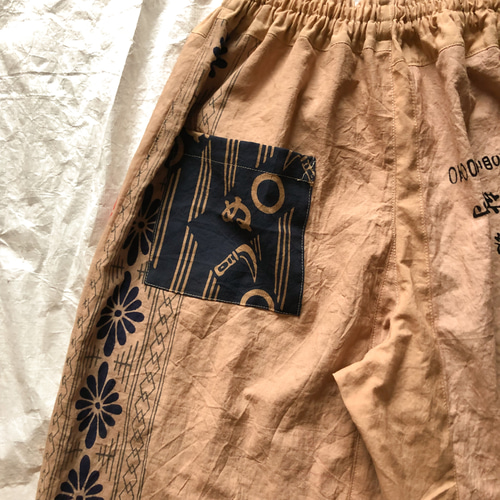 柿渋染め 手ぬぐいリメイク ワイドパンツ ゆったりズボン 自転車