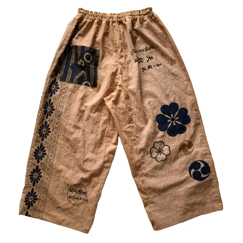 柿渋染め 手ぬぐいリメイク ワイドパンツ ゆったりズボン 自転車