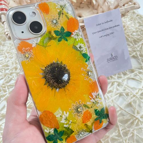 向日葵とグリーンスイトピーの押し花スマホケース iphone/GALAXY/AQUOS 